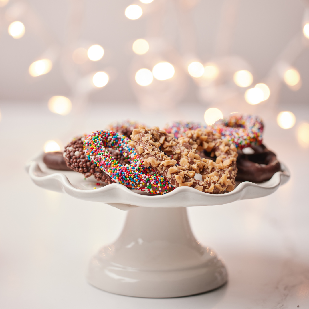 Belgian Chocolate Covered Pretzels Purple Gift Box 1 lb.